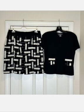 Per Se Black & White Wool Skirt And Silk Blend Top Set